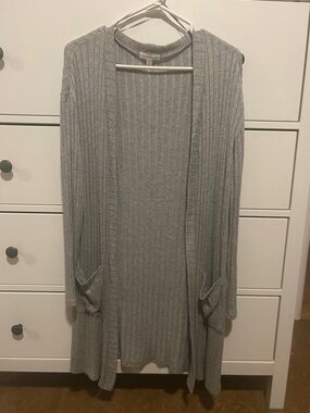 Rose + Vine Ardene Grey Ribbed Long Cardigan with Pockets - Medium